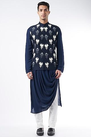 navy blue cords embroidered nehru jacket