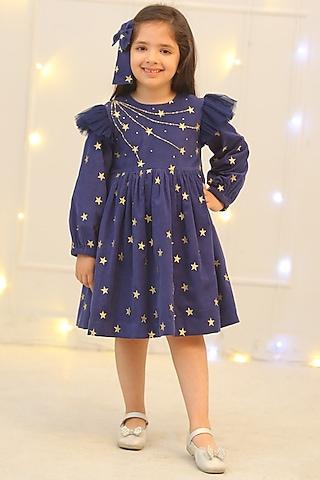 navy blue corduroy embroidered dress for girls