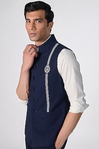 navy blue cotton & poly blend bundi jacket