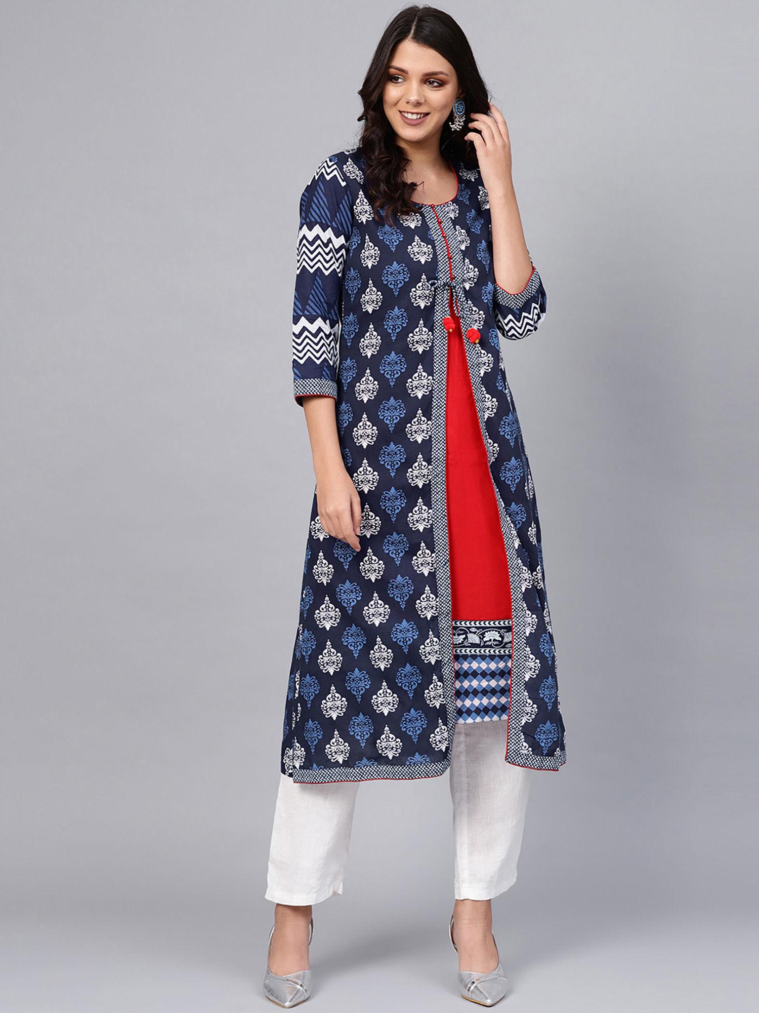 navy blue cotton & rayon a-line kurta