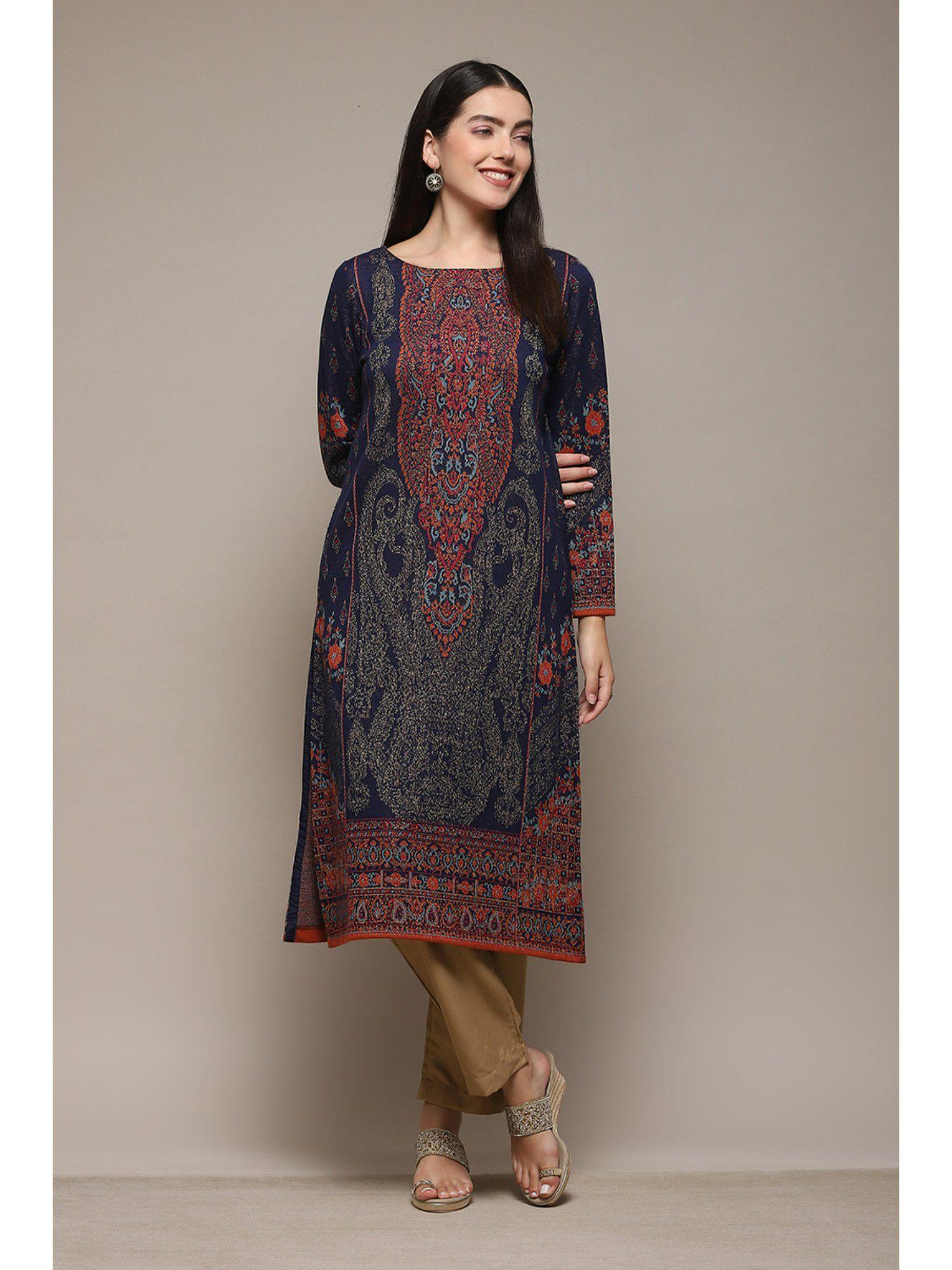 navy blue cotton blend a-line printed kurta