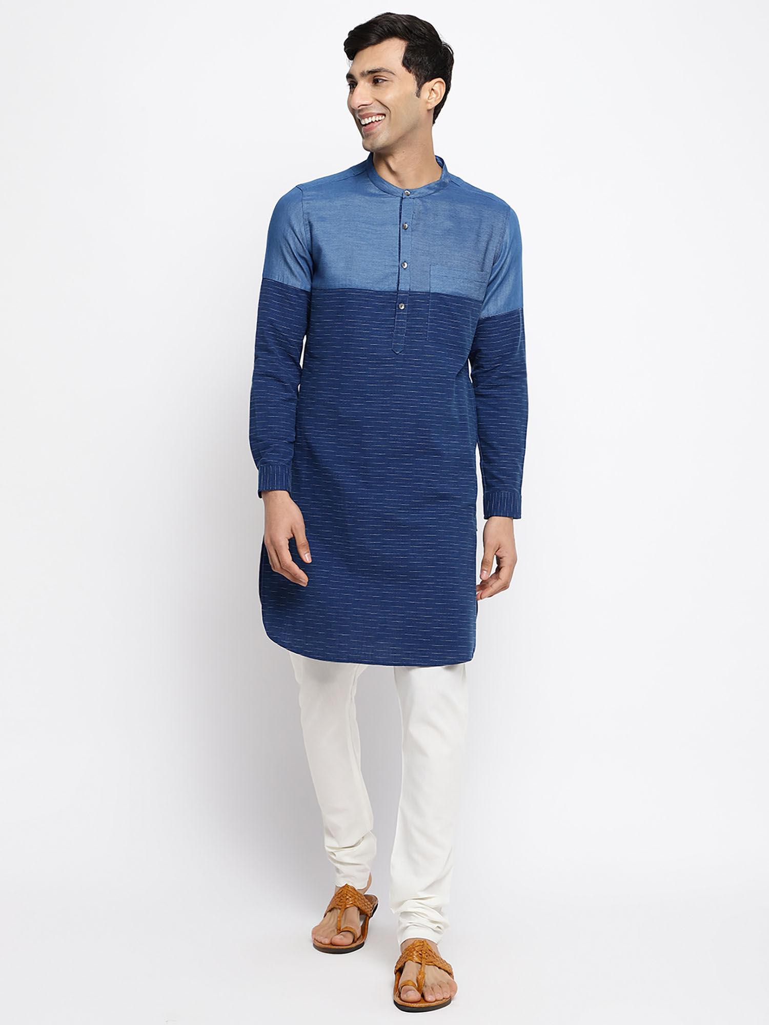 navy blue cotton blend colorblock long kurta