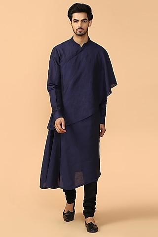navy blue cotton blend draped kurta set