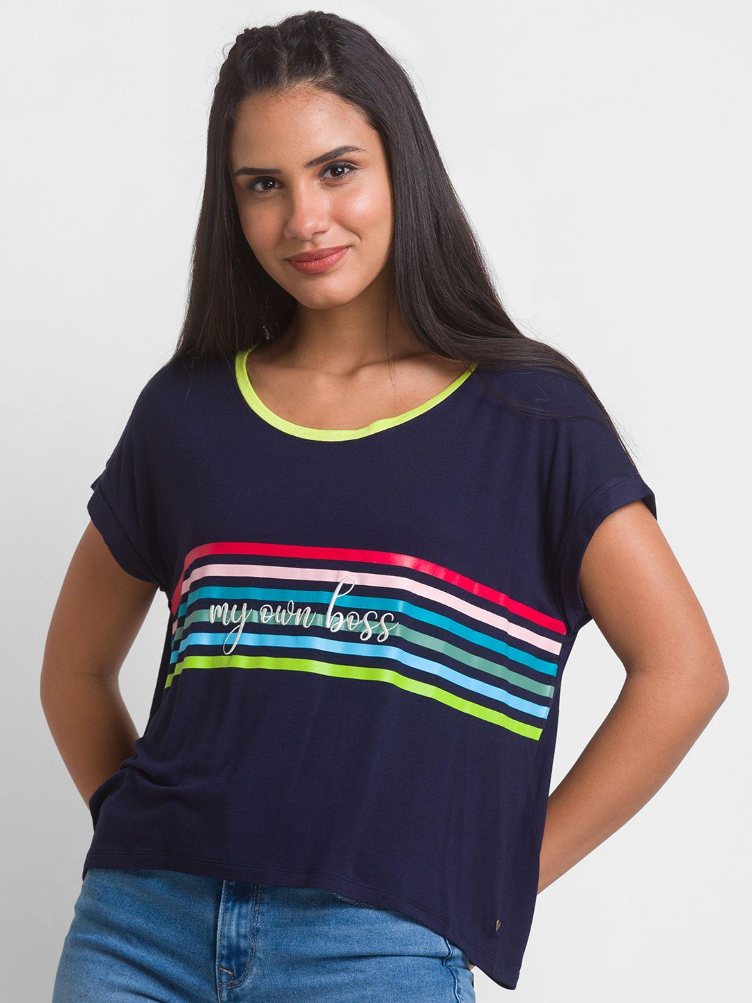 navy blue cotton blend half sleeve printed casual t-shirt for women