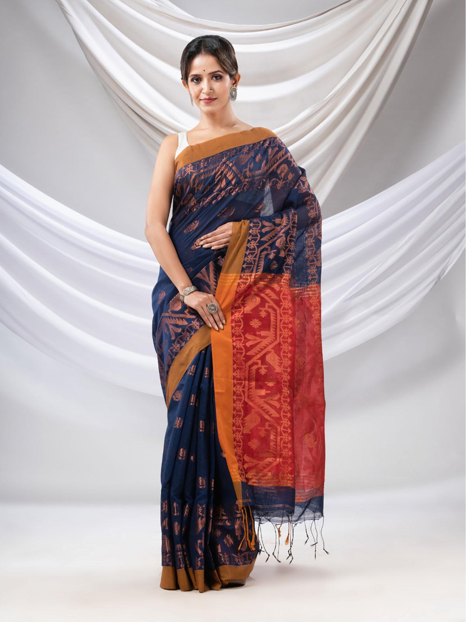 navy blue cotton blend handwoven saree with jamdani border with unstitched blouse