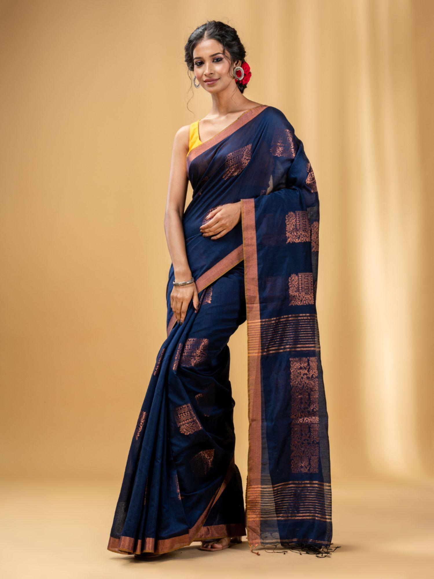 navy blue cotton blend handwoven saree with nakshi design with unstitched blouse