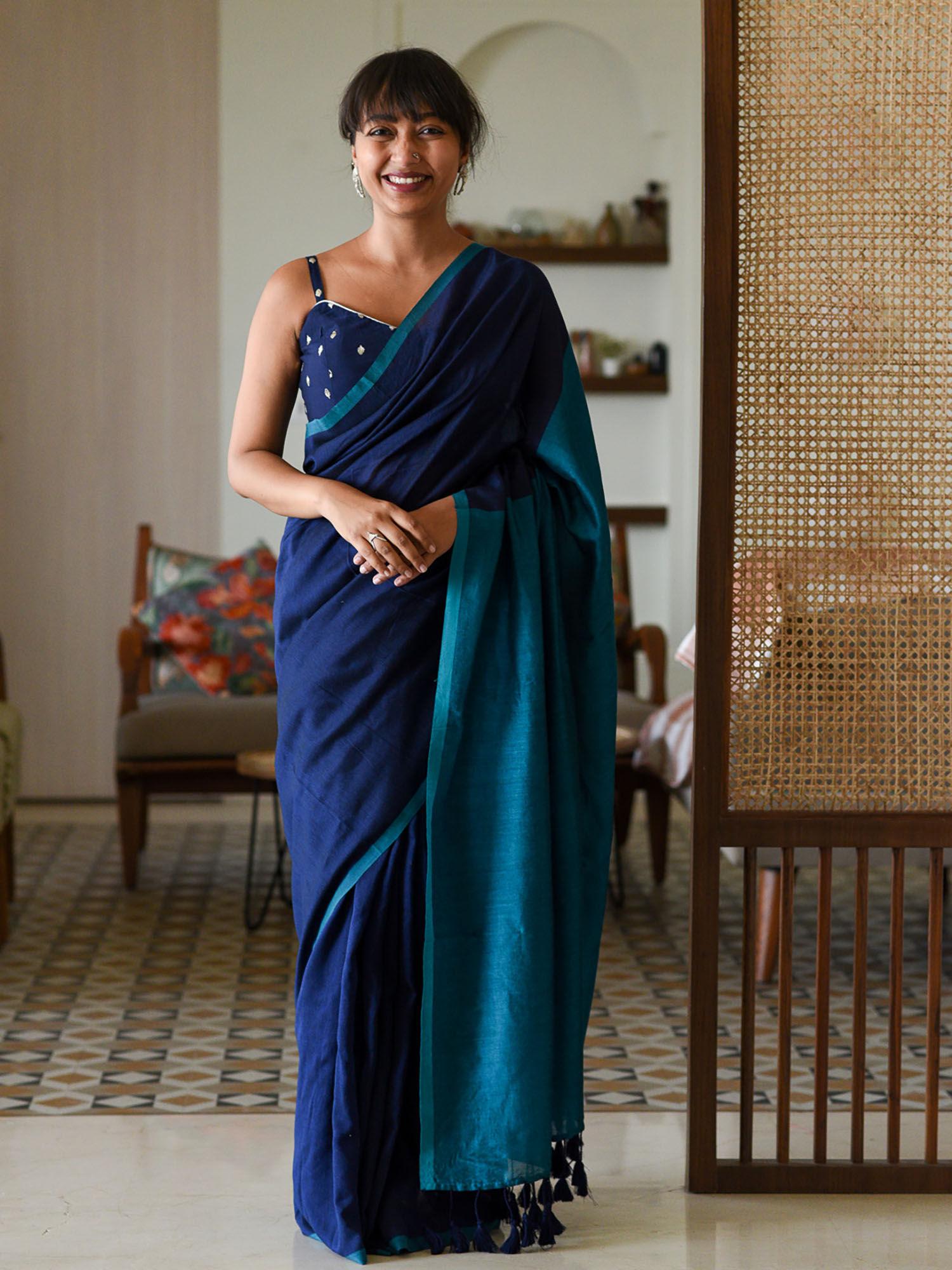 navy blue cotton blend solid saree