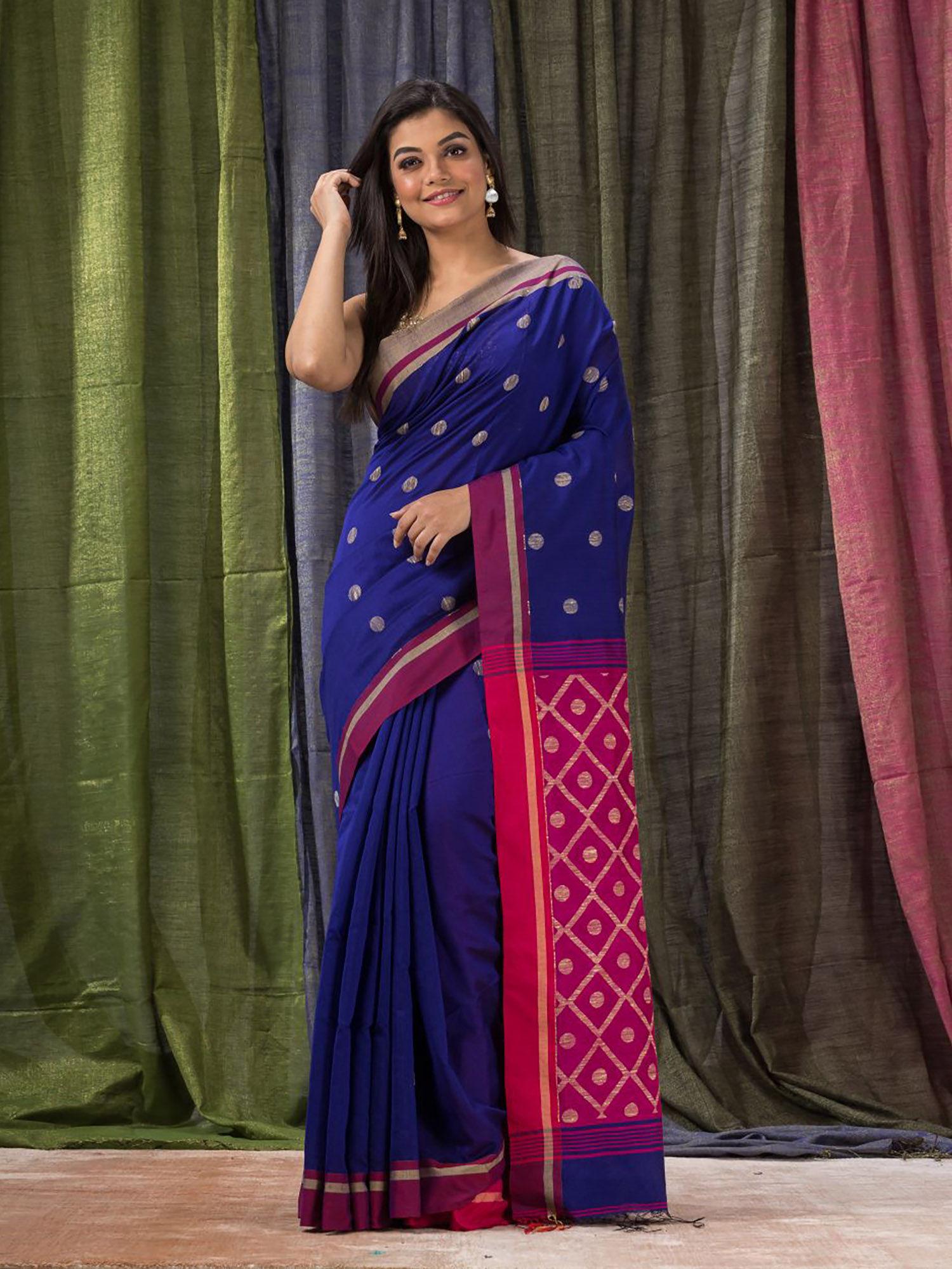 navy blue cotton blended traditional jamdani saree with unstitched blouse