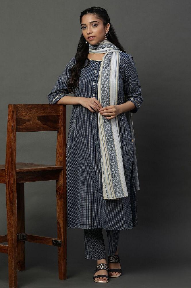 navy blue cotton dobby kurta, trousers and dupatta set