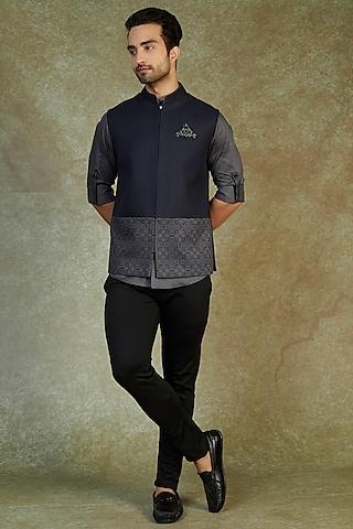 navy blue cotton embroidered bundi jacket with shirt