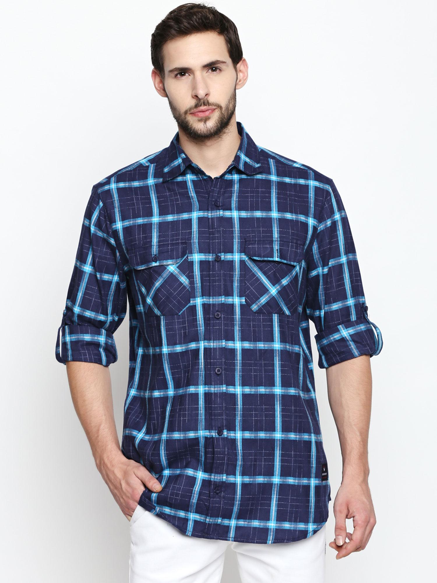 navy-blue cotton fabric full sleeve checkered shirt for men