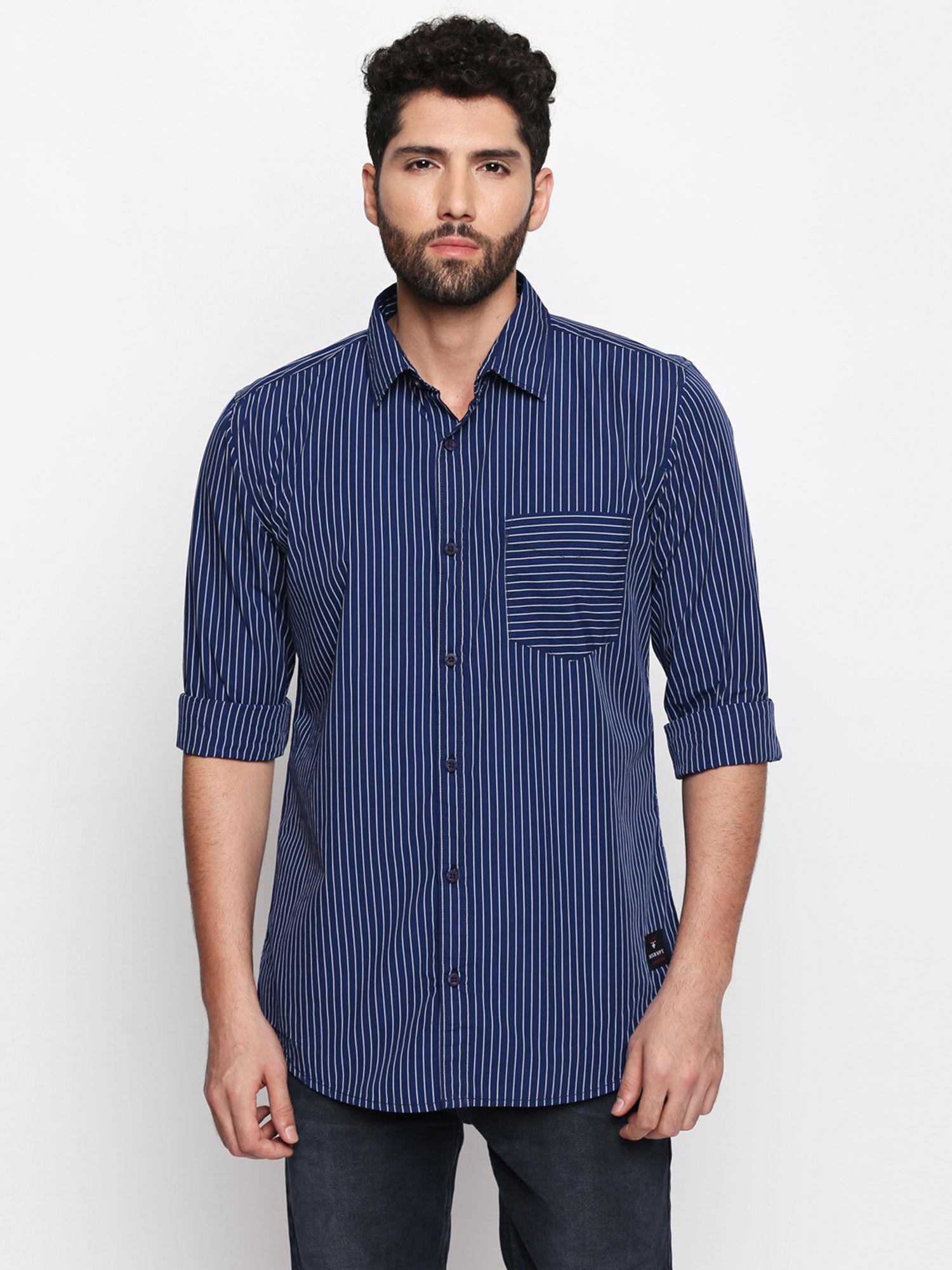 navy-blue cotton fabric full sleeve striped shirt for men