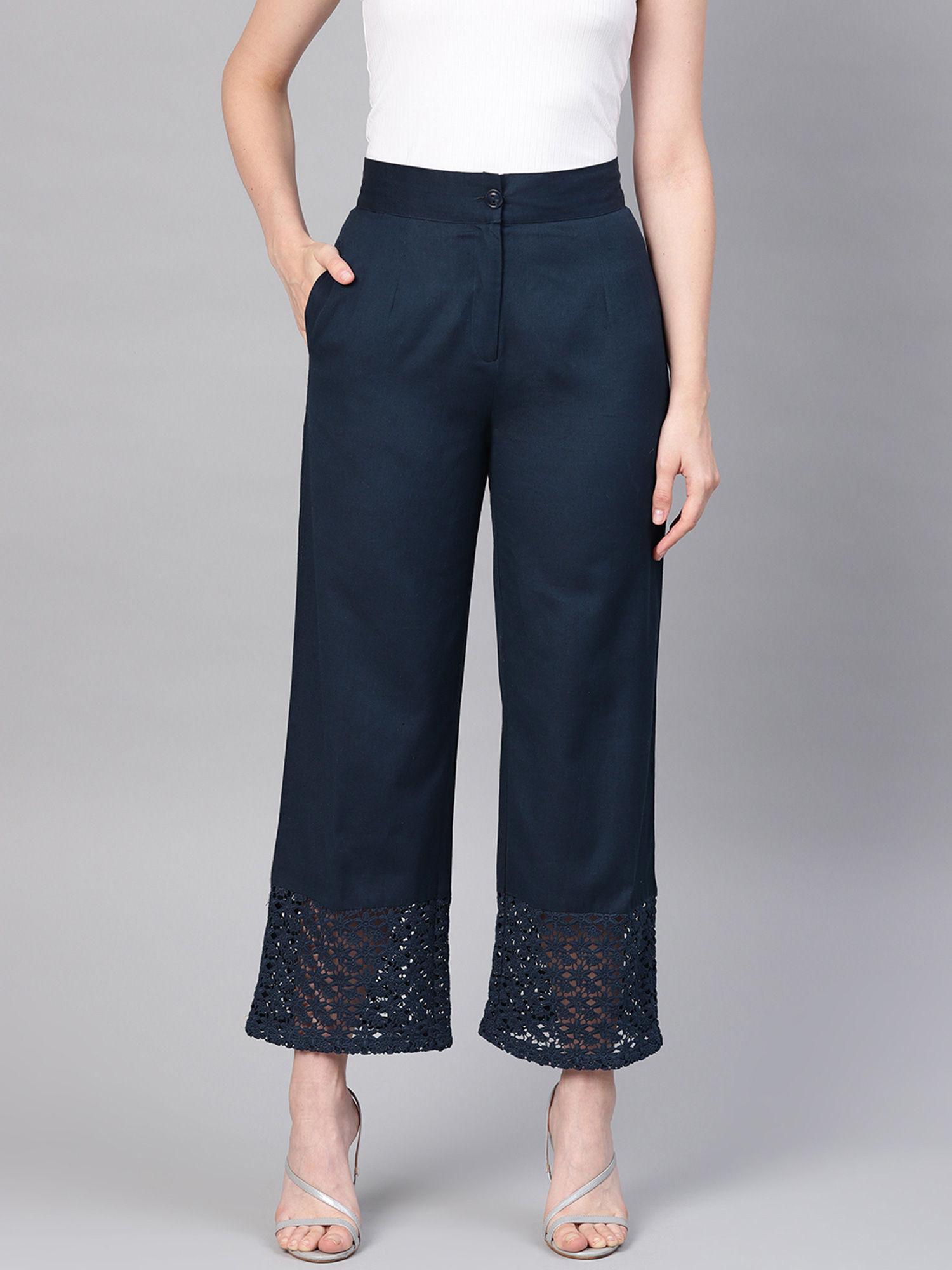 navy blue cotton flex solid wide leg women palazzo with one pocket