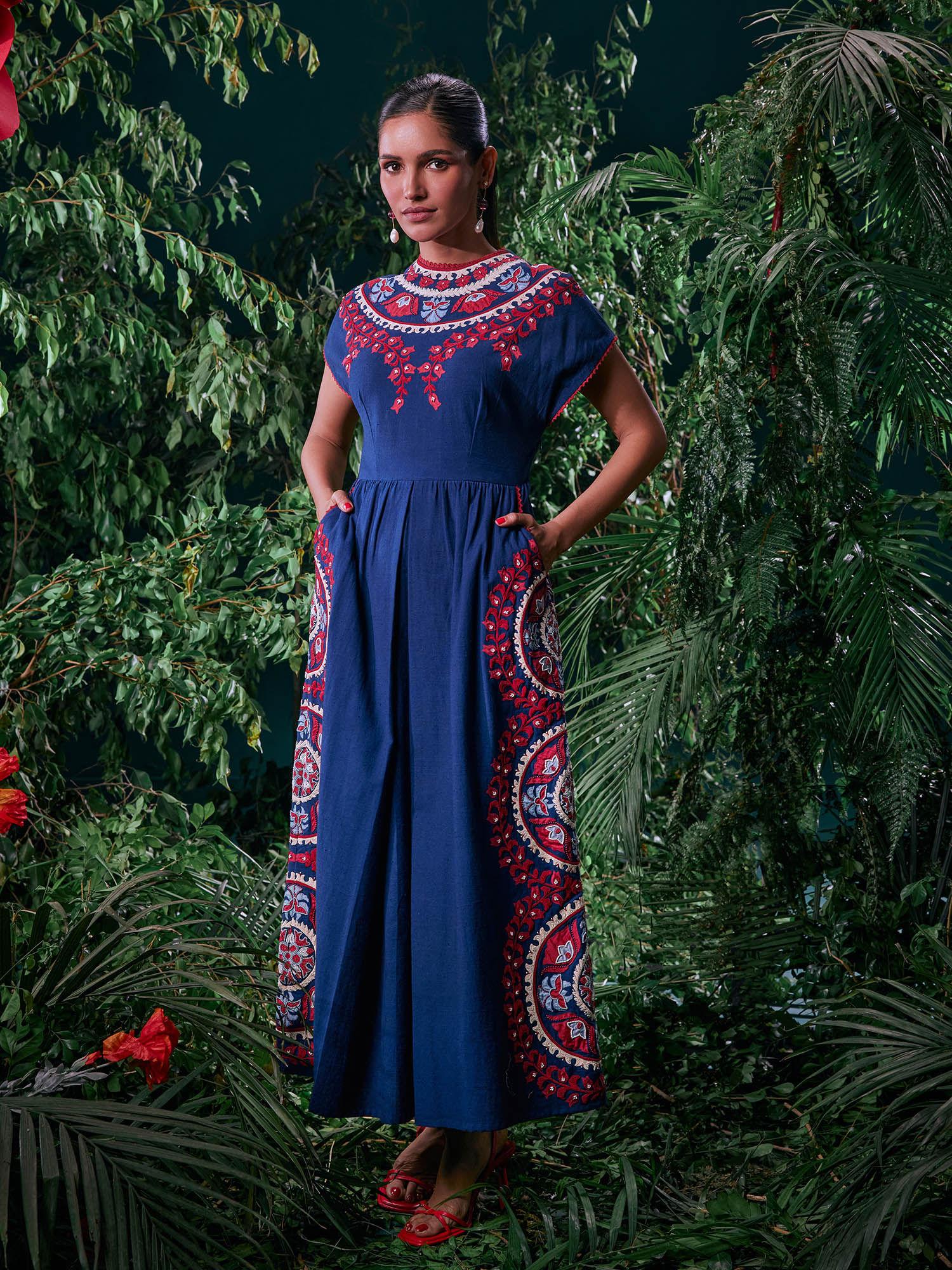 navy blue cotton floral half sleeves round neck bead work maxi dress