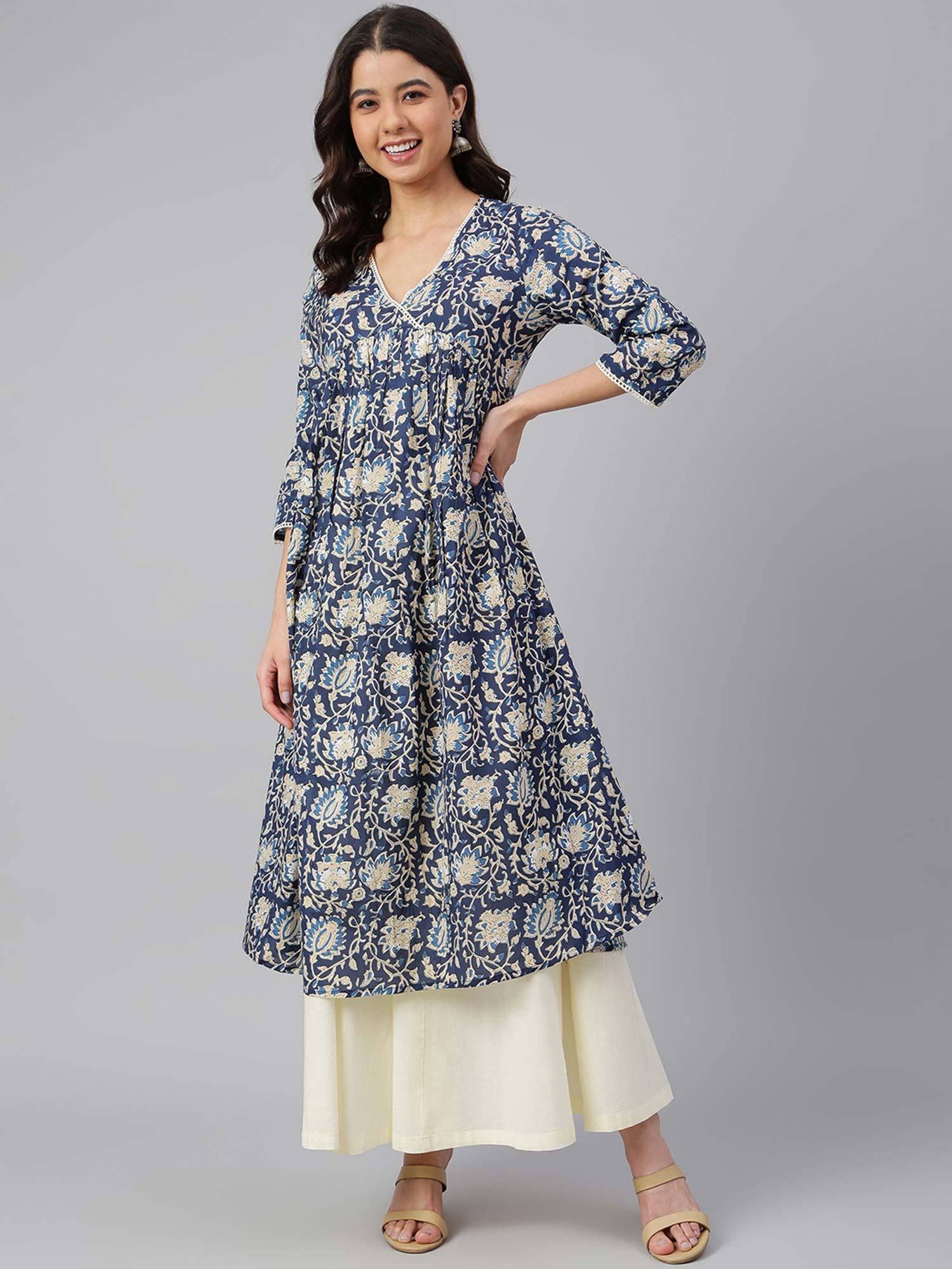 navy blue cotton floral print flared kurta