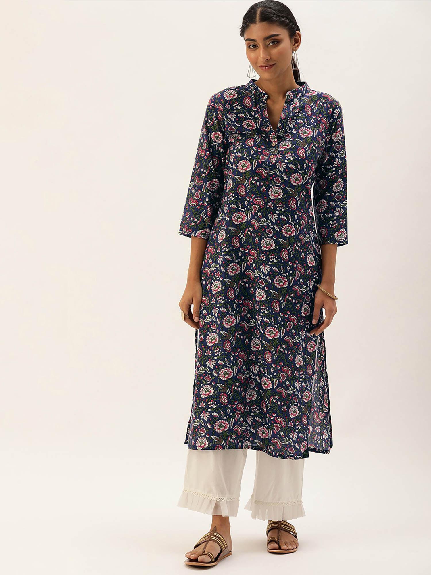 navy blue cotton floral printed casual kurta for women