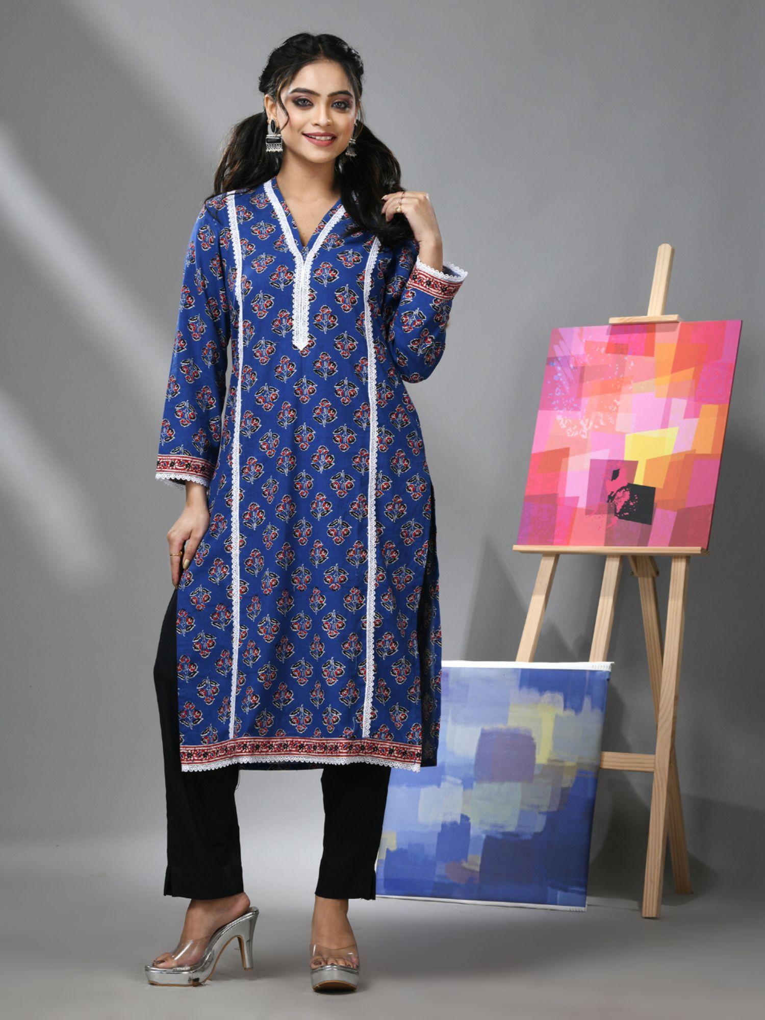 navy blue cotton floral printed kurta with lace