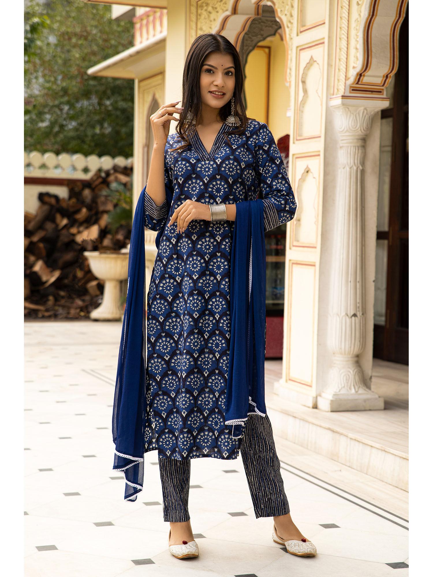 navy blue cotton floral printed kurta with pant & chiffon dupatta (set of 3)