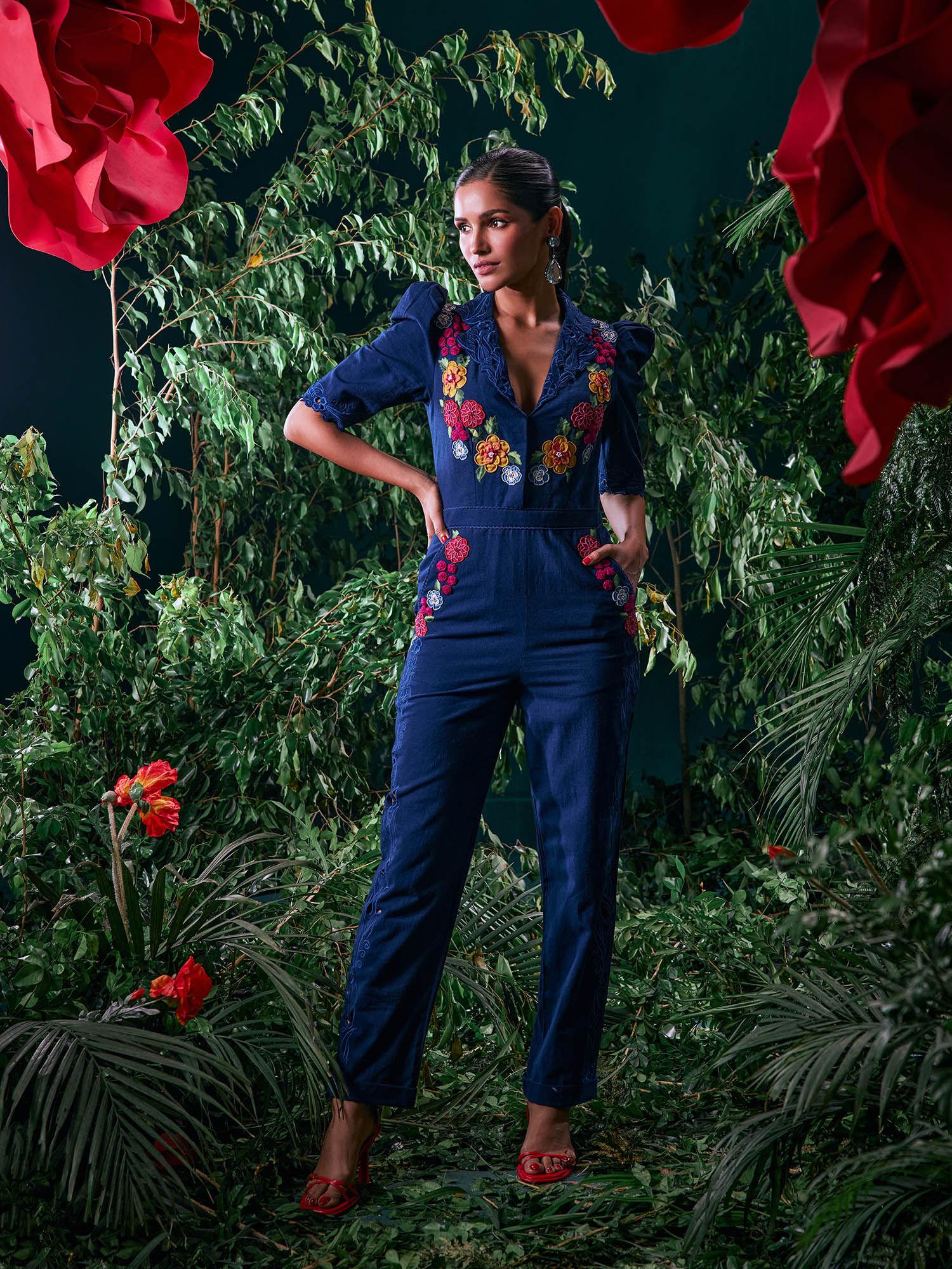 navy blue cotton floral puff sleeves notched lapel bead work jumpsuit