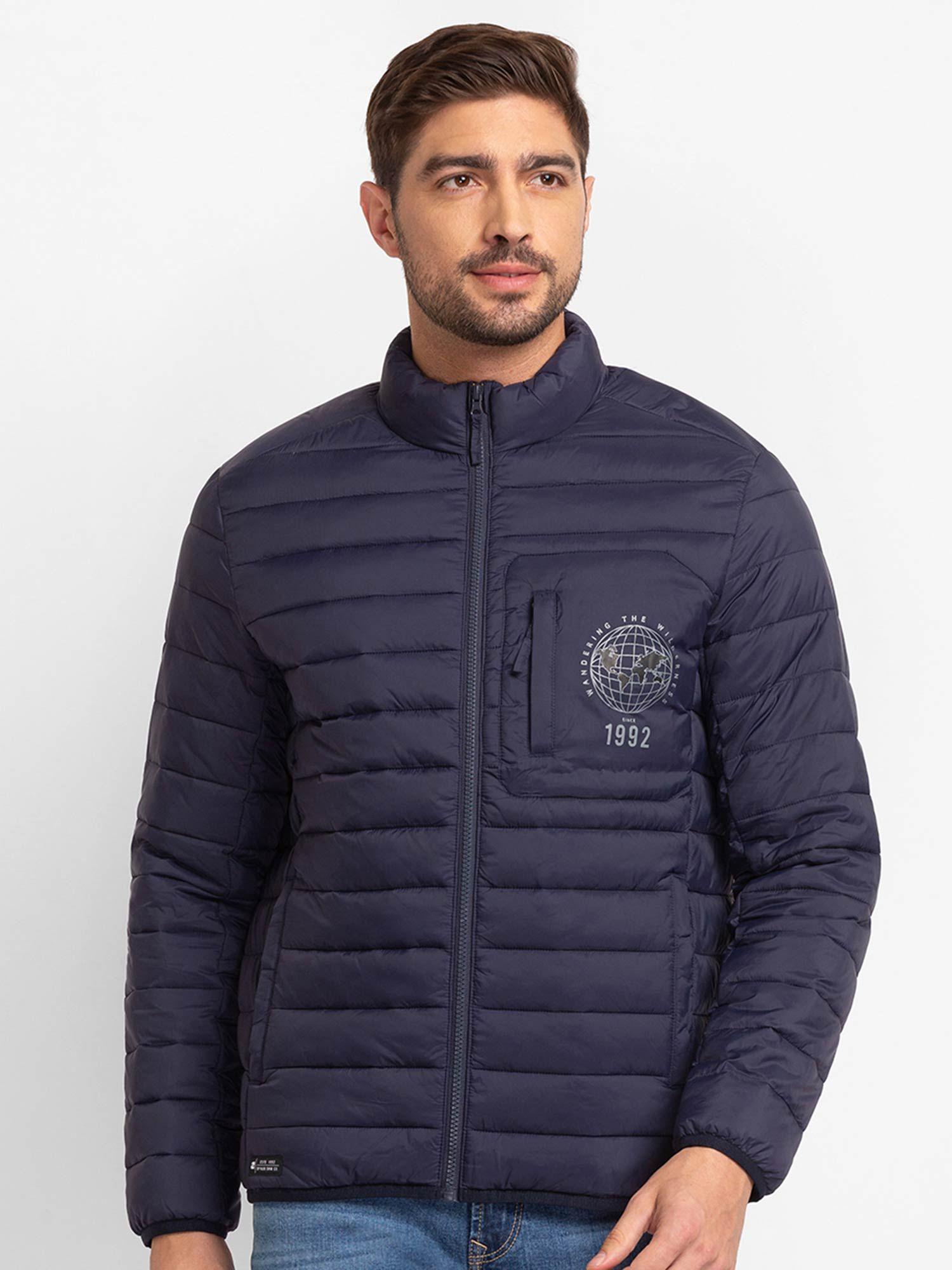 navy blue cotton full sleeve casual jacket for men