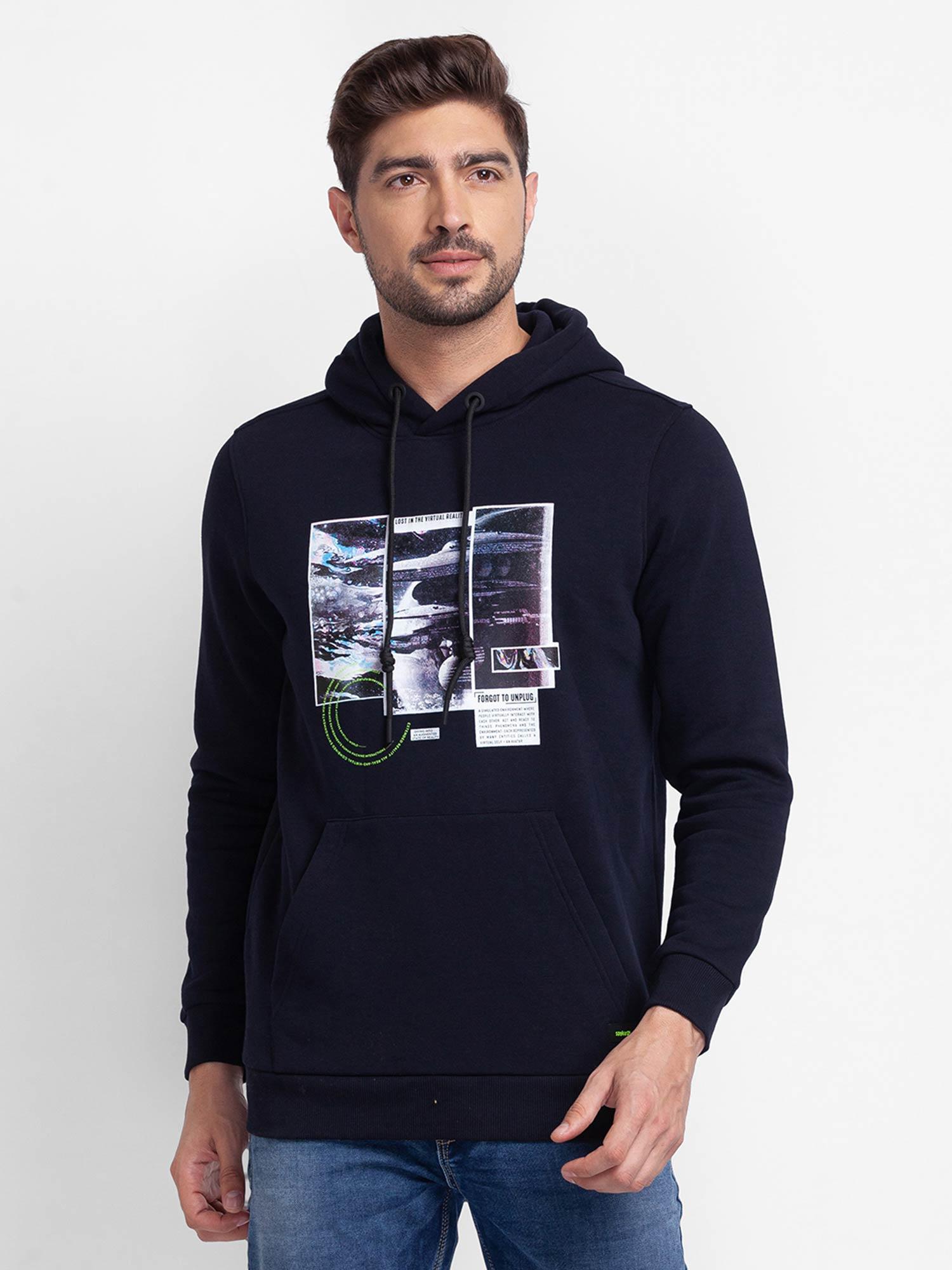 navy blue cotton full sleeve hooded sweatshirt for men