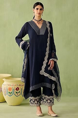 navy blue cotton gauze kurta set