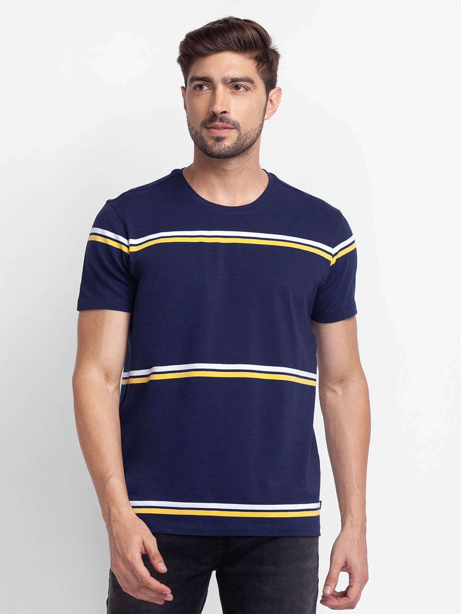 navy blue cotton half sleeve stripes casual t-shirt for men