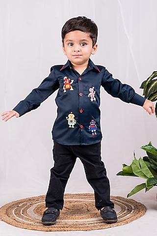 navy blue cotton hand embroidered shirt for boys