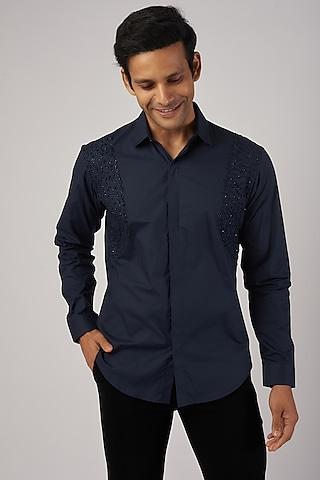 navy blue cotton hand embroidered shirt