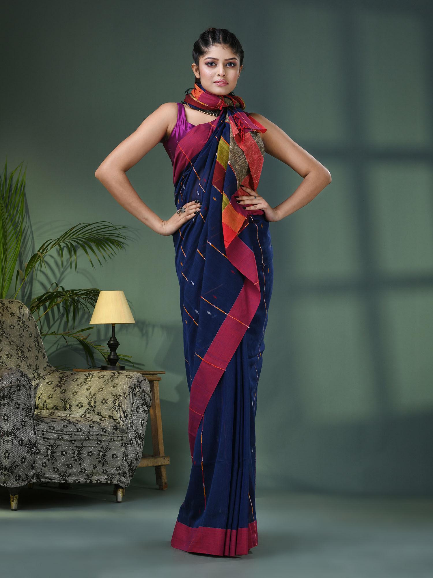 navy blue cotton handloom saree with unstitched blouse