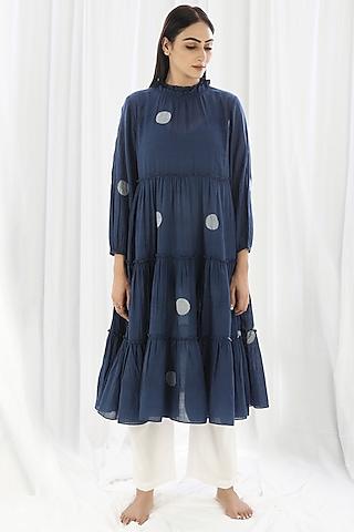 navy blue cotton handwoven polka tunic set