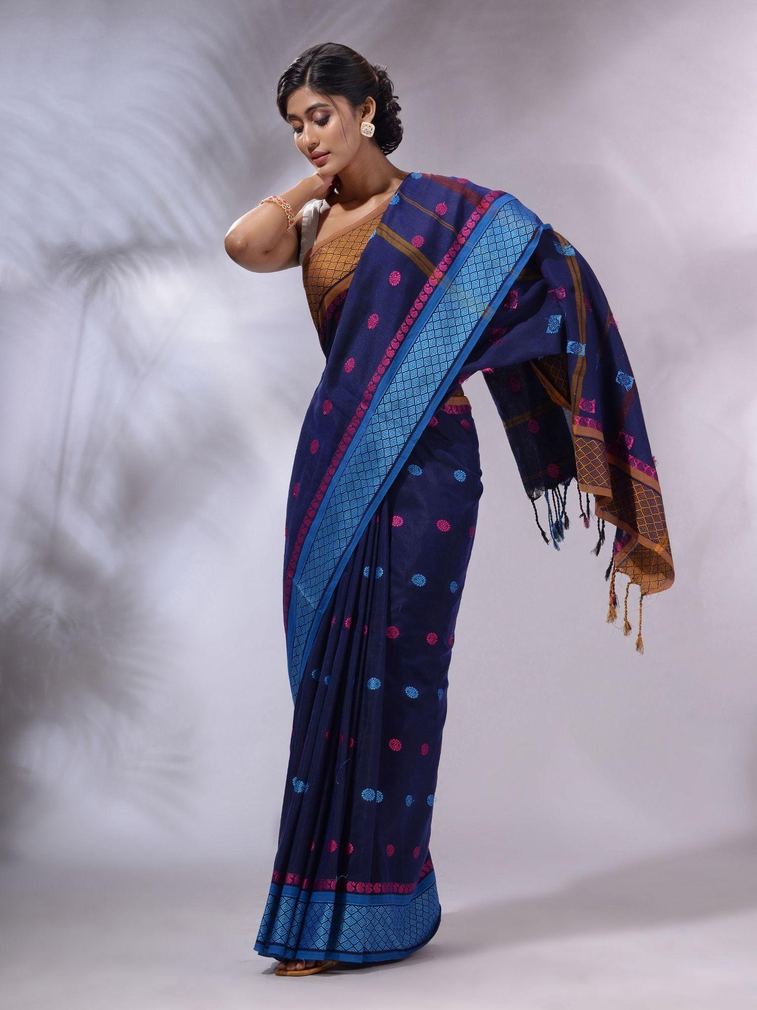 navy blue cotton handwoven saree with unstitched blouse and texture and paisley borders