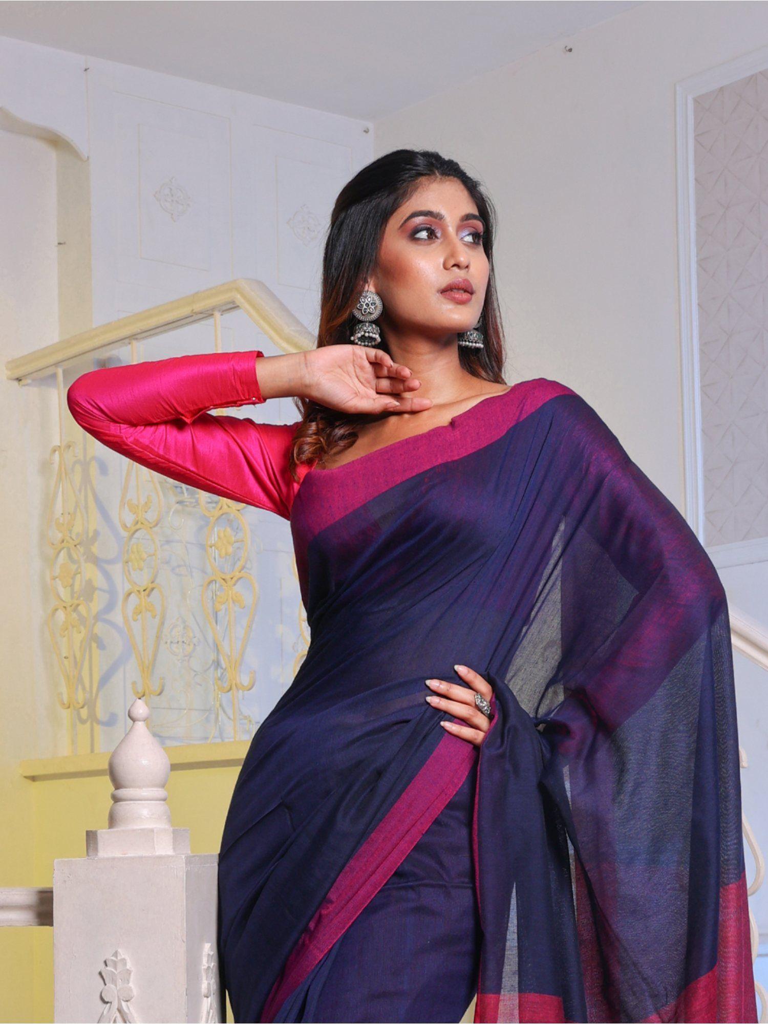 navy blue cotton handwoven soft saree with unstitched blouse