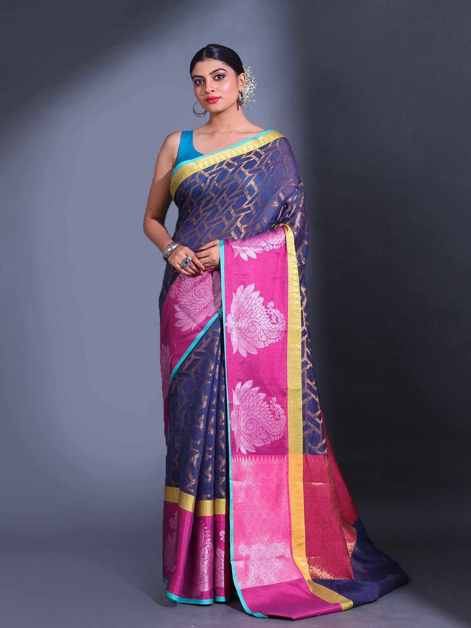 navy blue cotton handwoven zari ethnic design saree with unstitched blouse