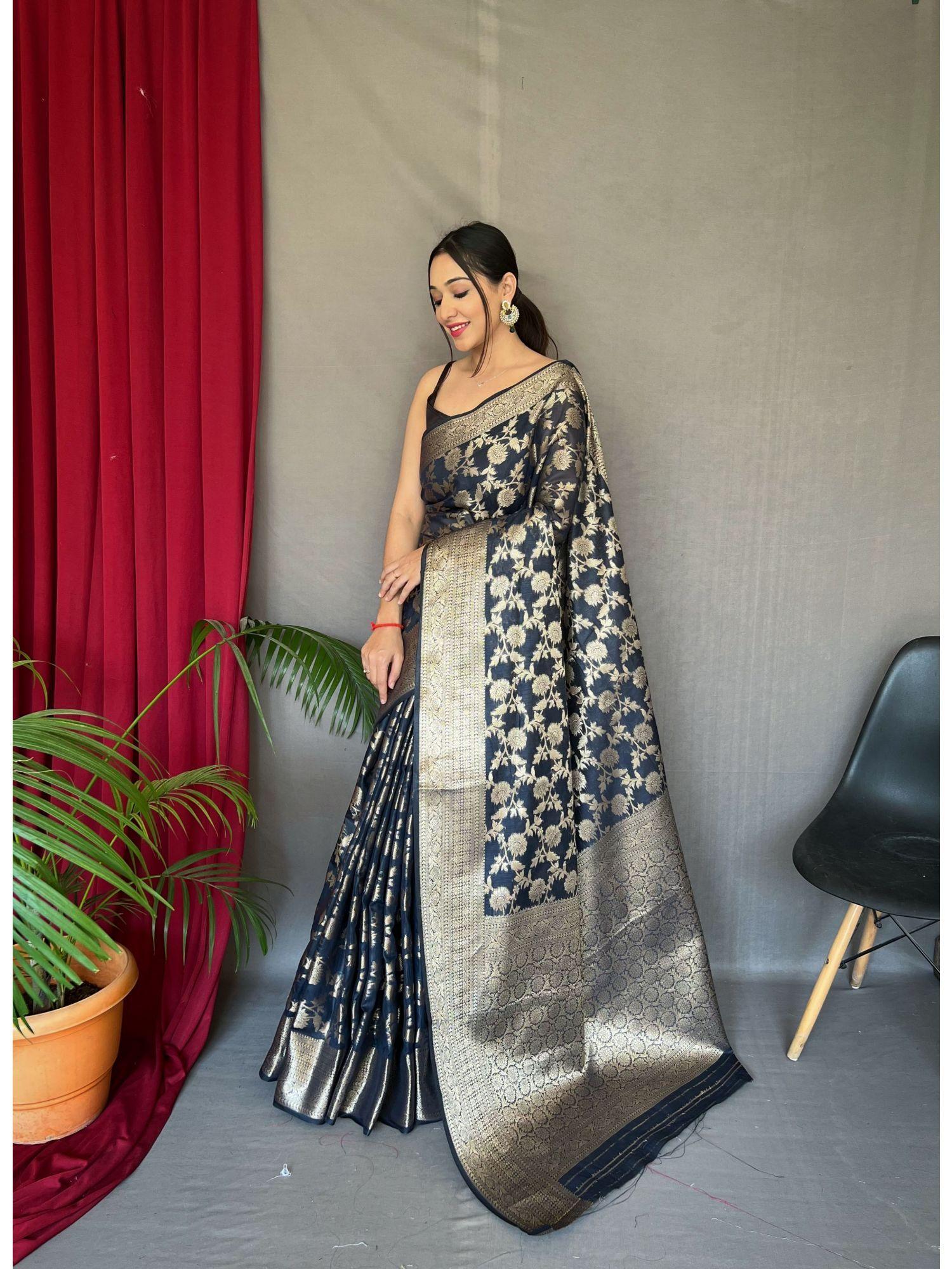 navy blue cotton linen woven saree with unstitched blouse