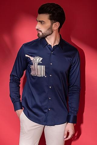 navy blue cotton lycra digital printed shirt