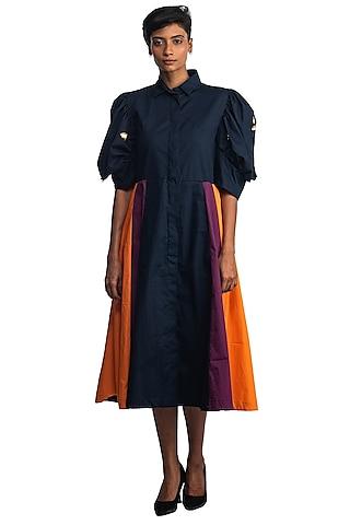 navy blue cotton paneled midi dress