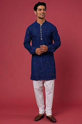 navy blue cotton polyester embroidered kurta set for boys
