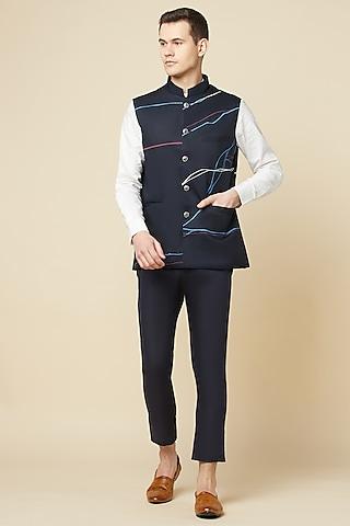 navy blue cotton polyester printed bundi jacket