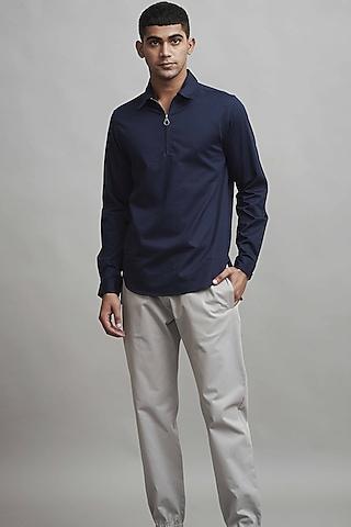 navy blue cotton poplin popover shirt