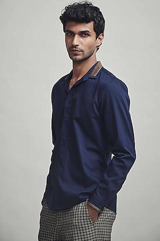 navy blue cotton poplin shirt with patch detailing