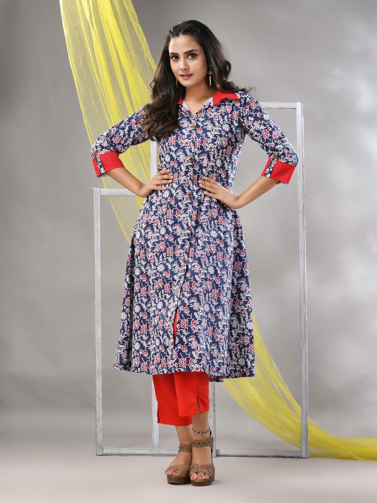 navy blue cotton printed a-line kurta