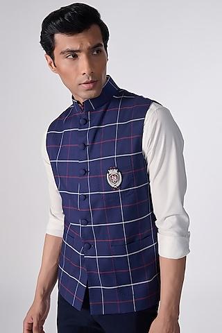 navy blue cotton printed bundi jacket