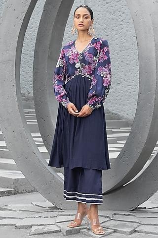 navy blue cotton printed kurta set