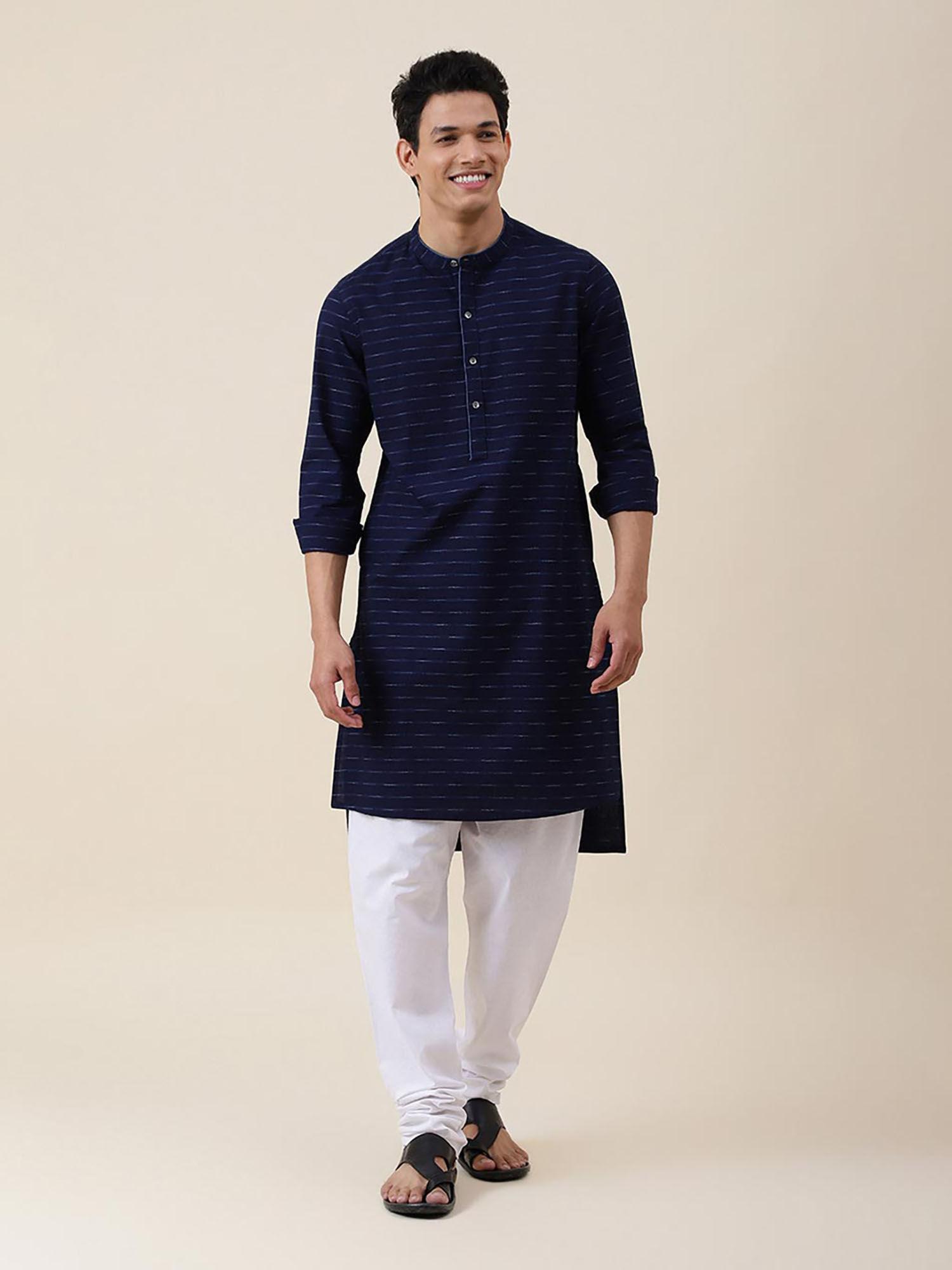 navy blue cotton printed slim fit long kurta