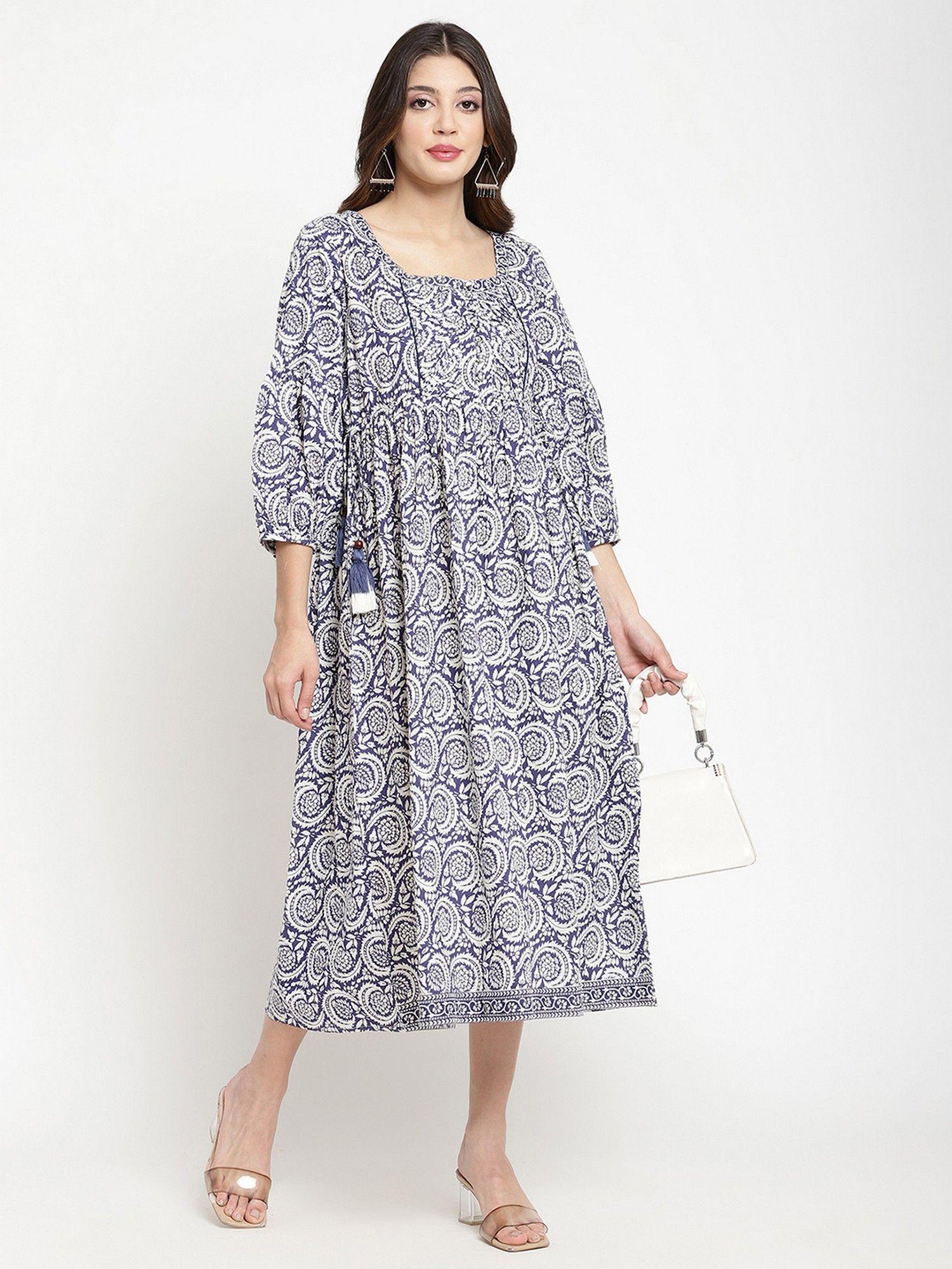 navy blue cotton printed tie up flared dress