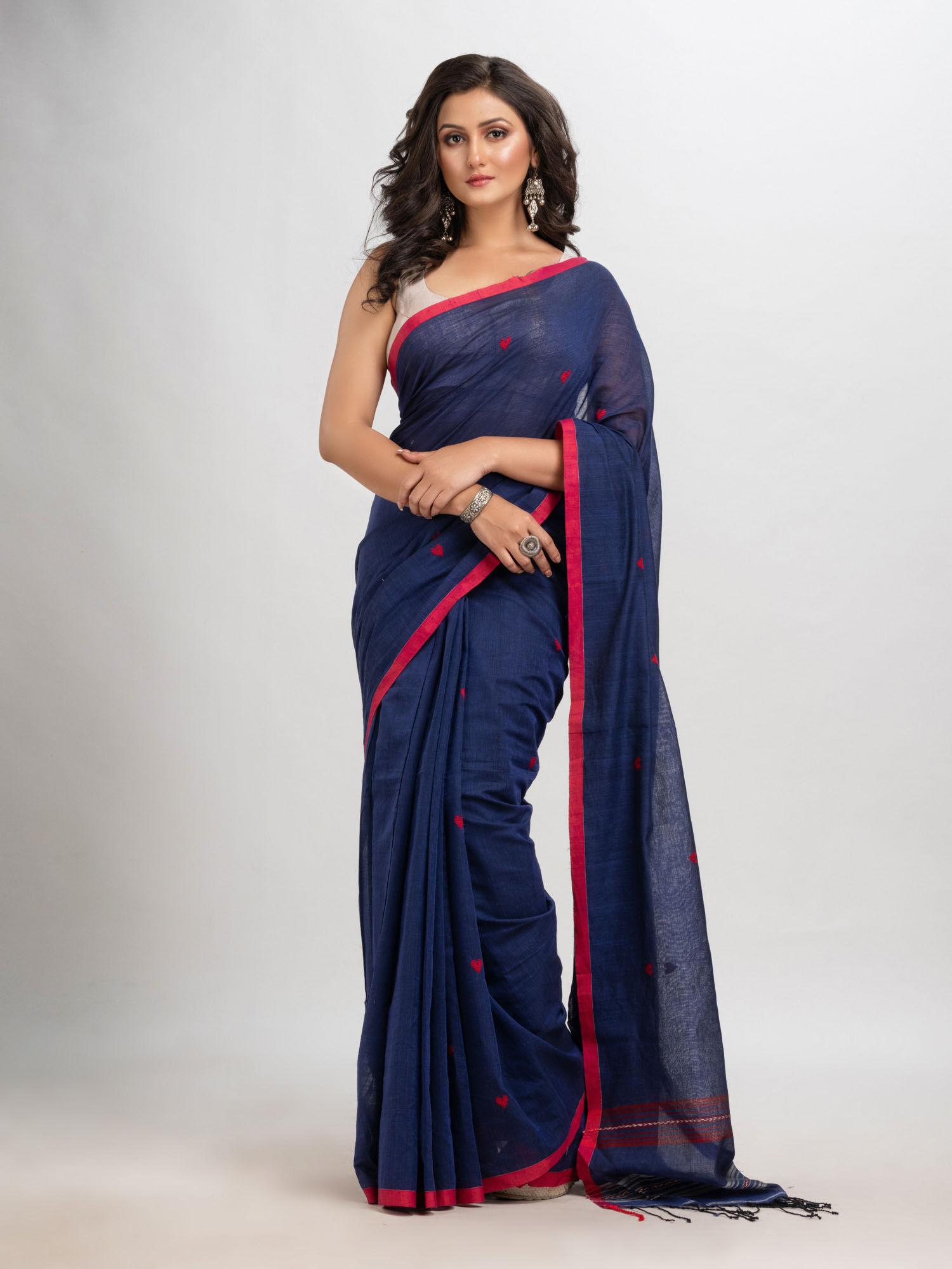 navy blue cotton printed woven saree with unstitched blouse