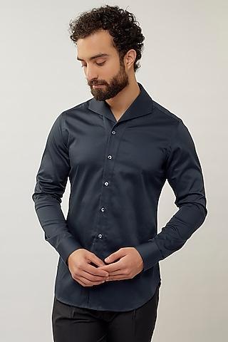 navy blue cotton satin button down shirt