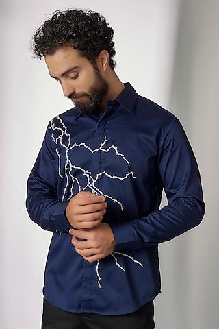 navy blue cotton satin embroidered shirt