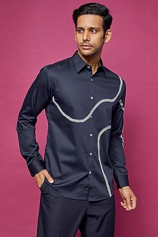 navy blue cotton satin embroidered shirt